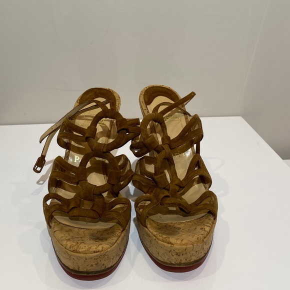 Christian Louboutin Wedge Slingback Sandals 8.5 Red Sole Cork Adjustable Strap - Picture 8 of 9